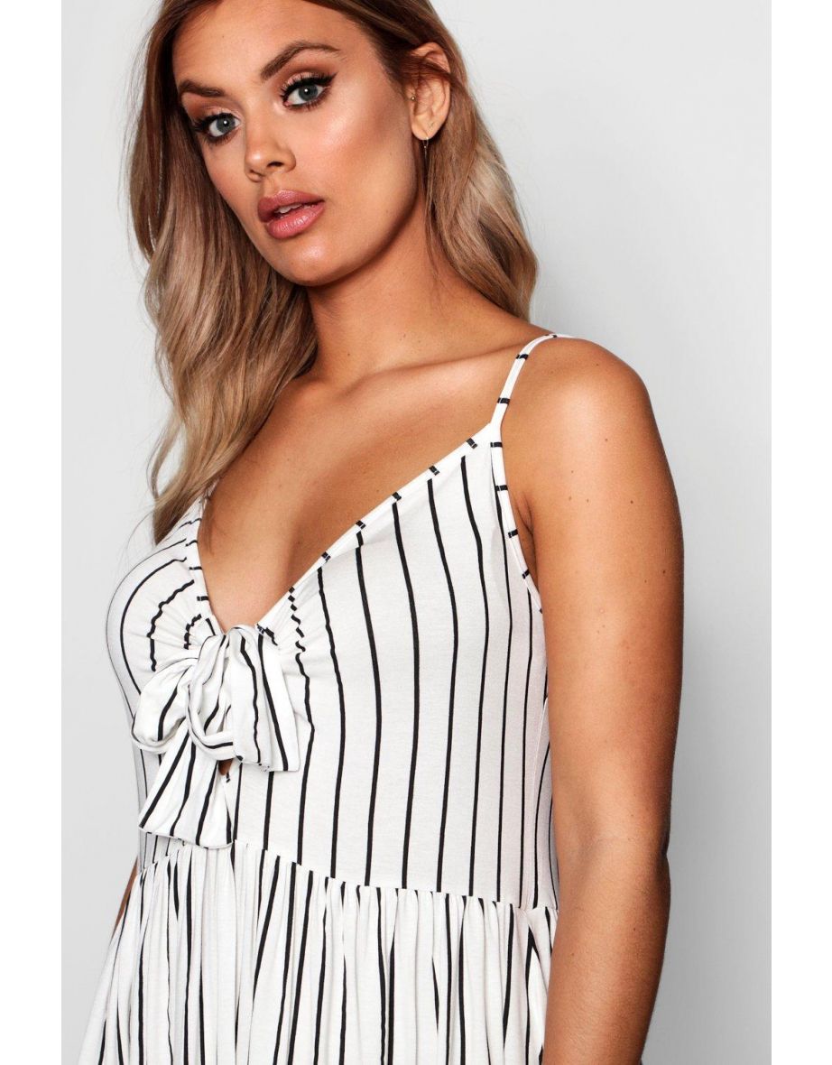 Plus Tie Front Stripe Split Midi Dress - white - 3