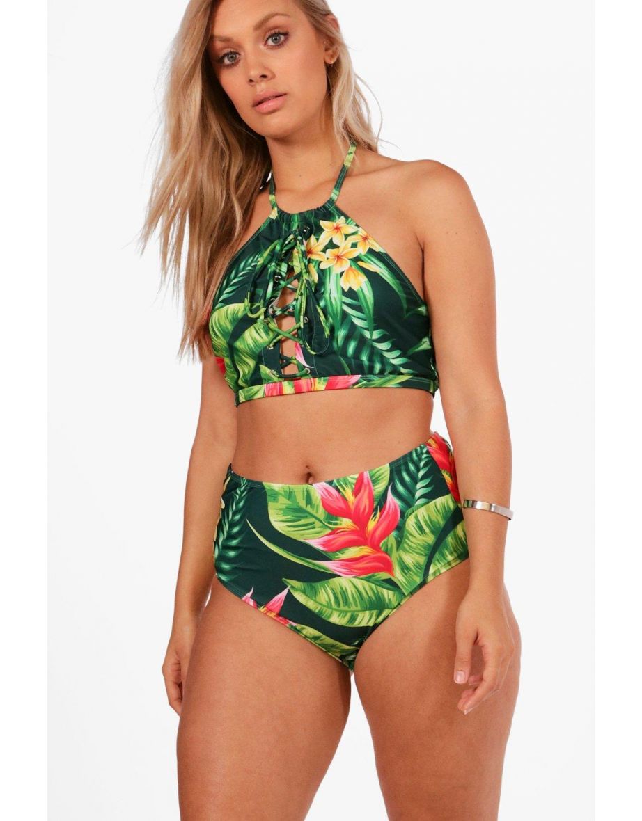 Plus  Tropical Print Lace Up High Waist Bikini - multi