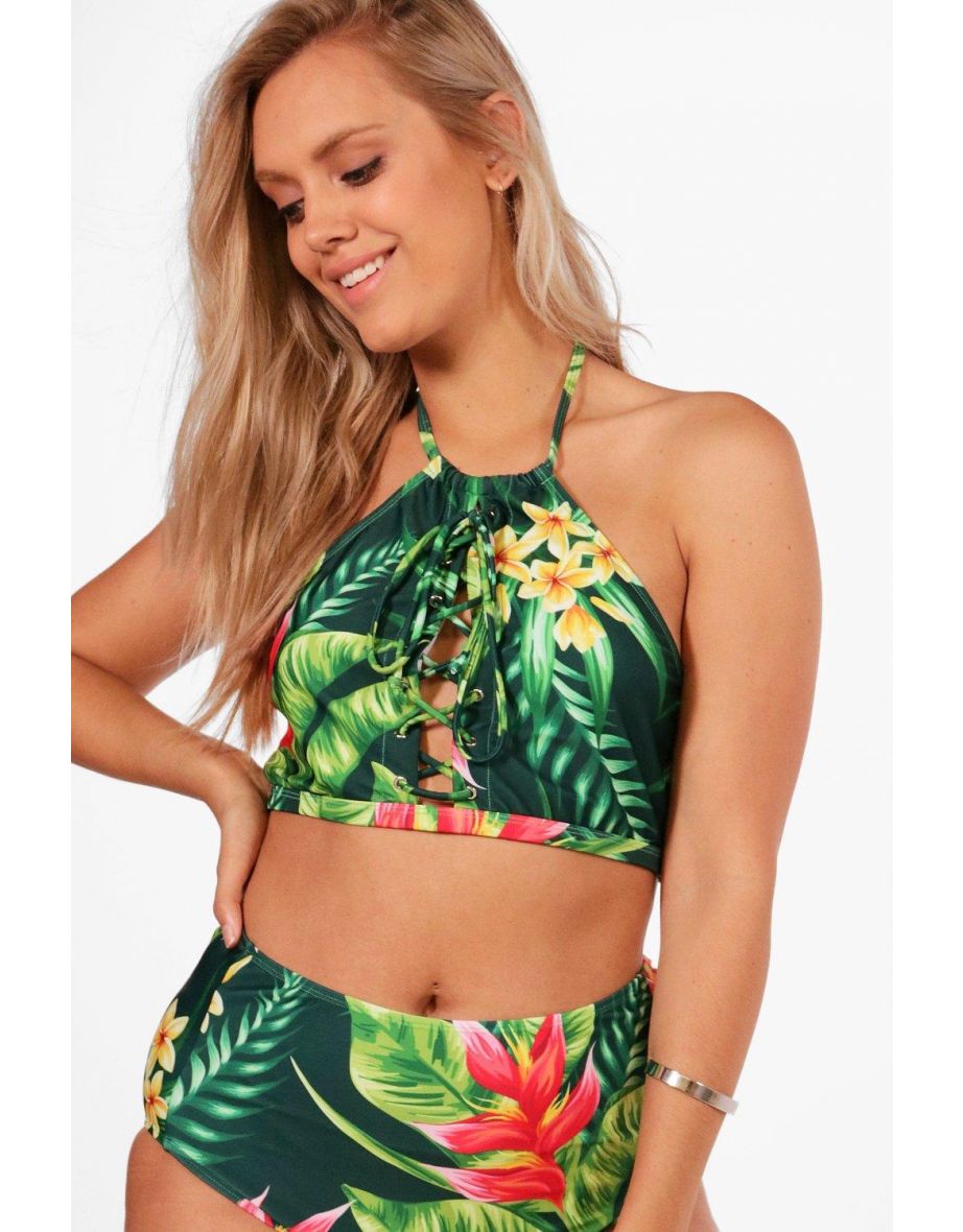 Plus  Tropical Print Lace Up High Waist Bikini - multi - 3