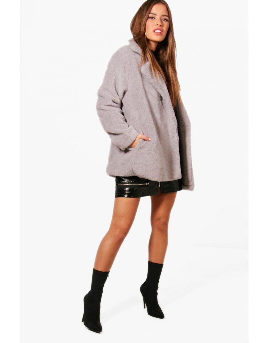 Petite Double Breasted Teddy Coat - grey