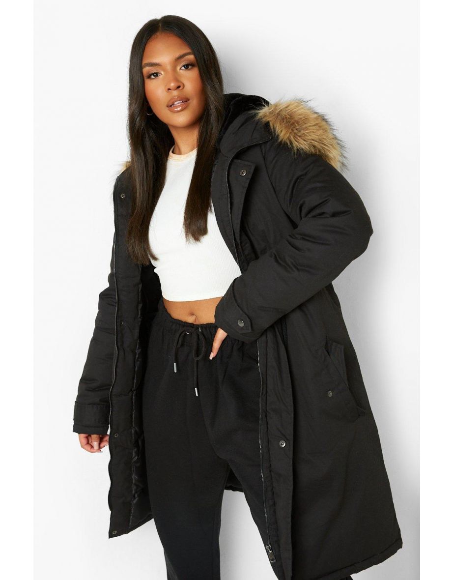 Plus  Faux Fur Trim Parka - black