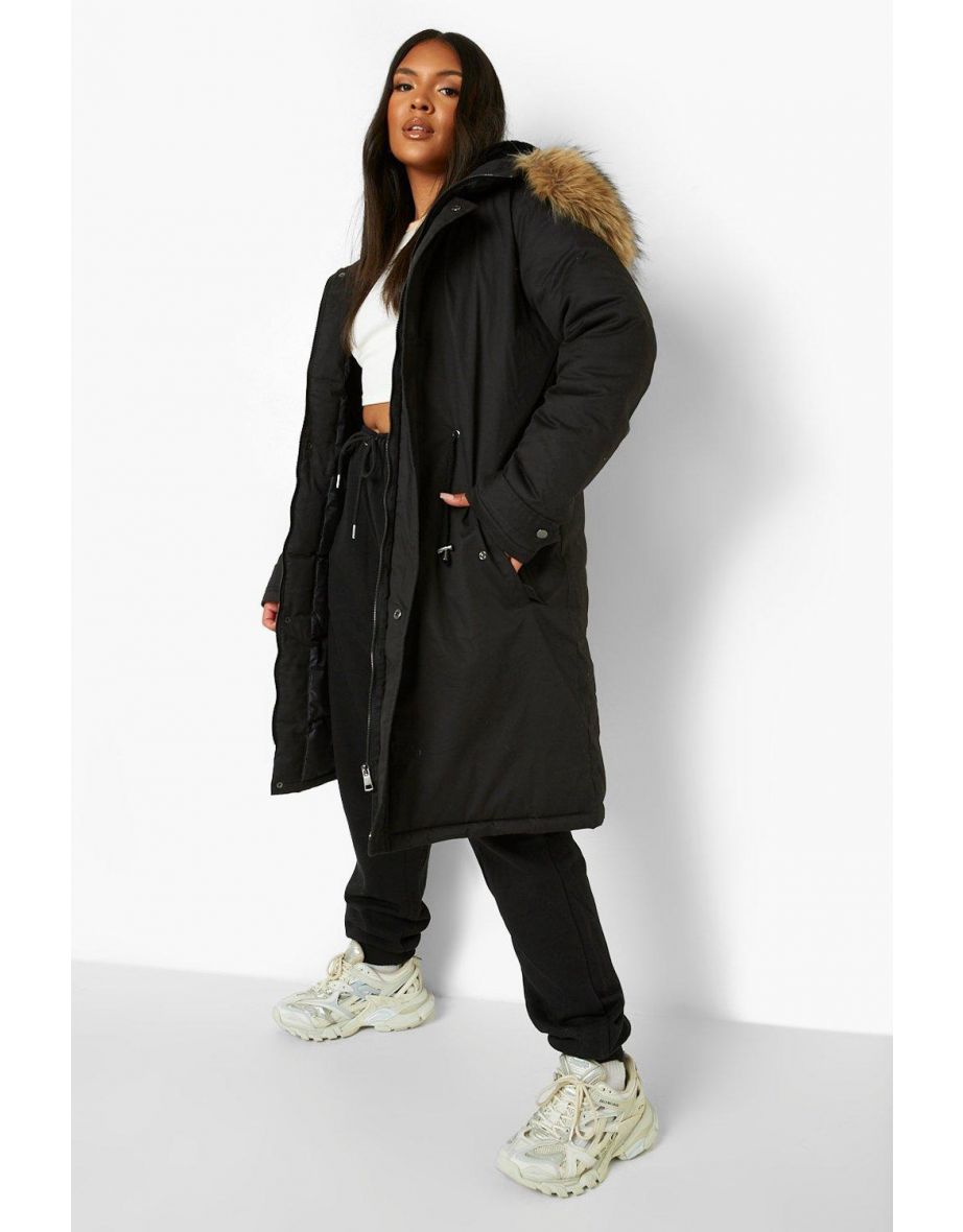 Plus  Faux Fur Trim Parka - black - 3