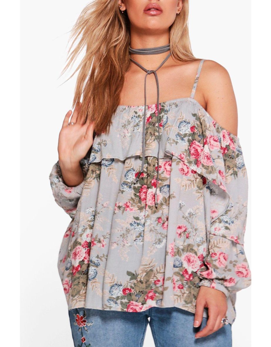 Plus Floral Open Shoulder Top - multi - 3