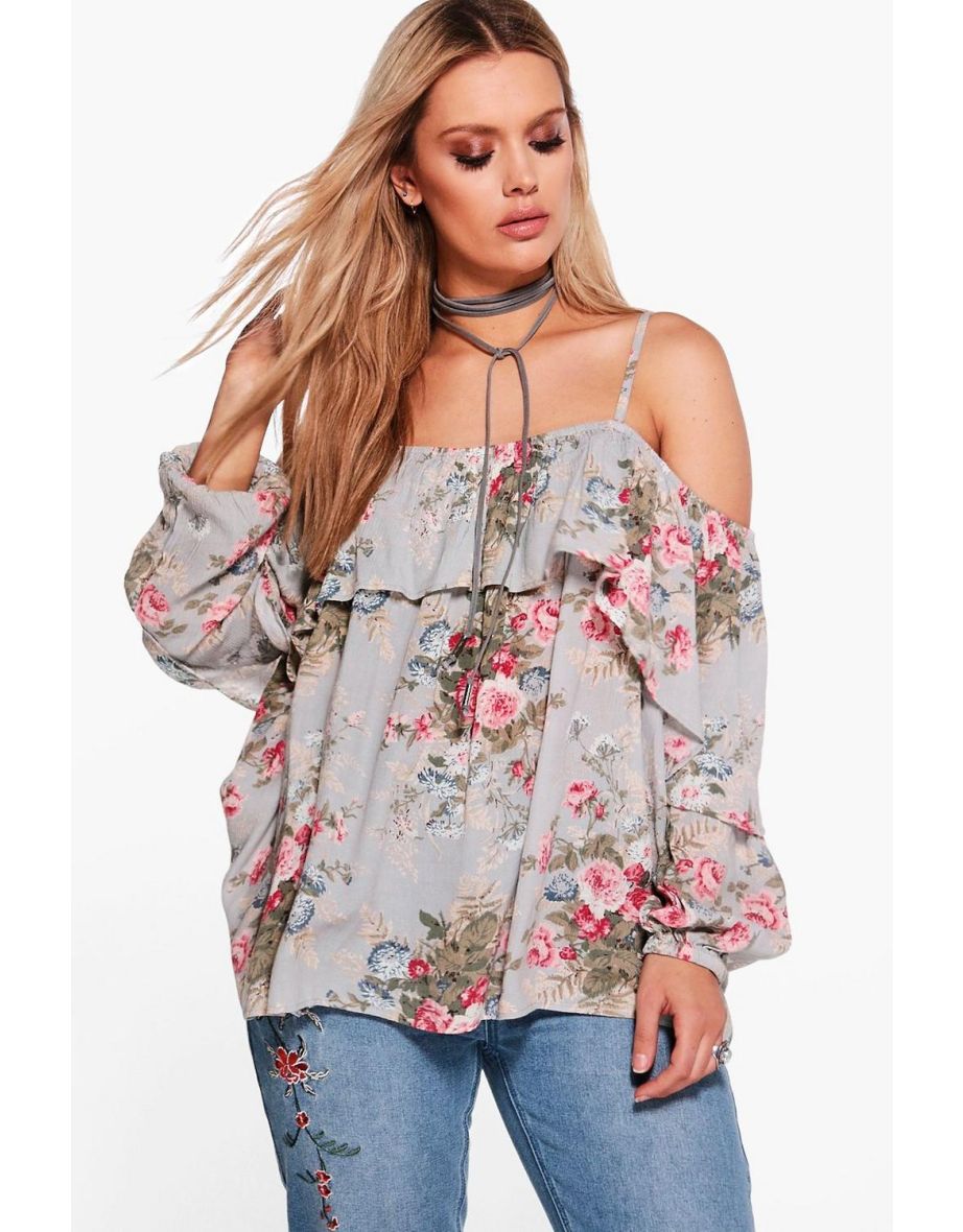 Plus Floral Open Shoulder Top - multi
