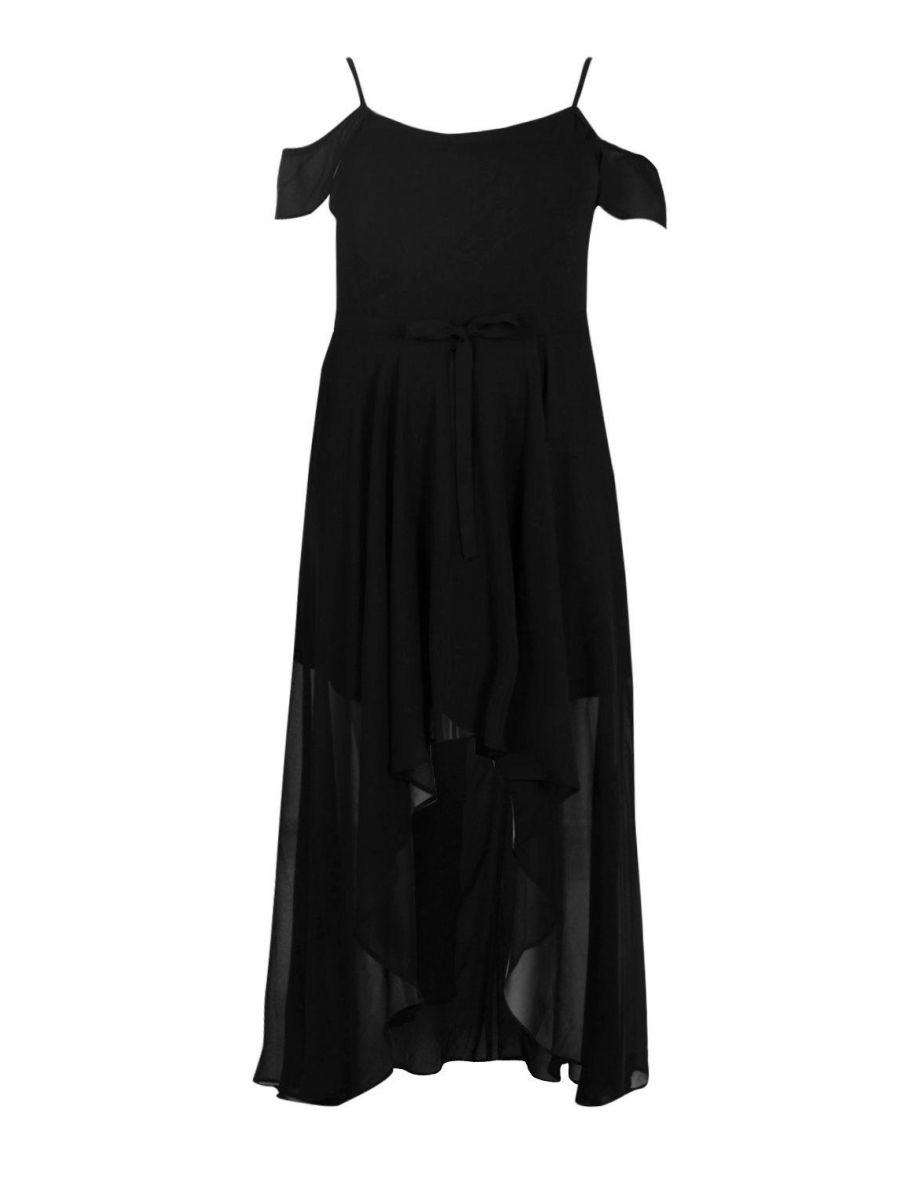 فستان شيفون بكشكش - أسود - مقاسات كبيرة - 1