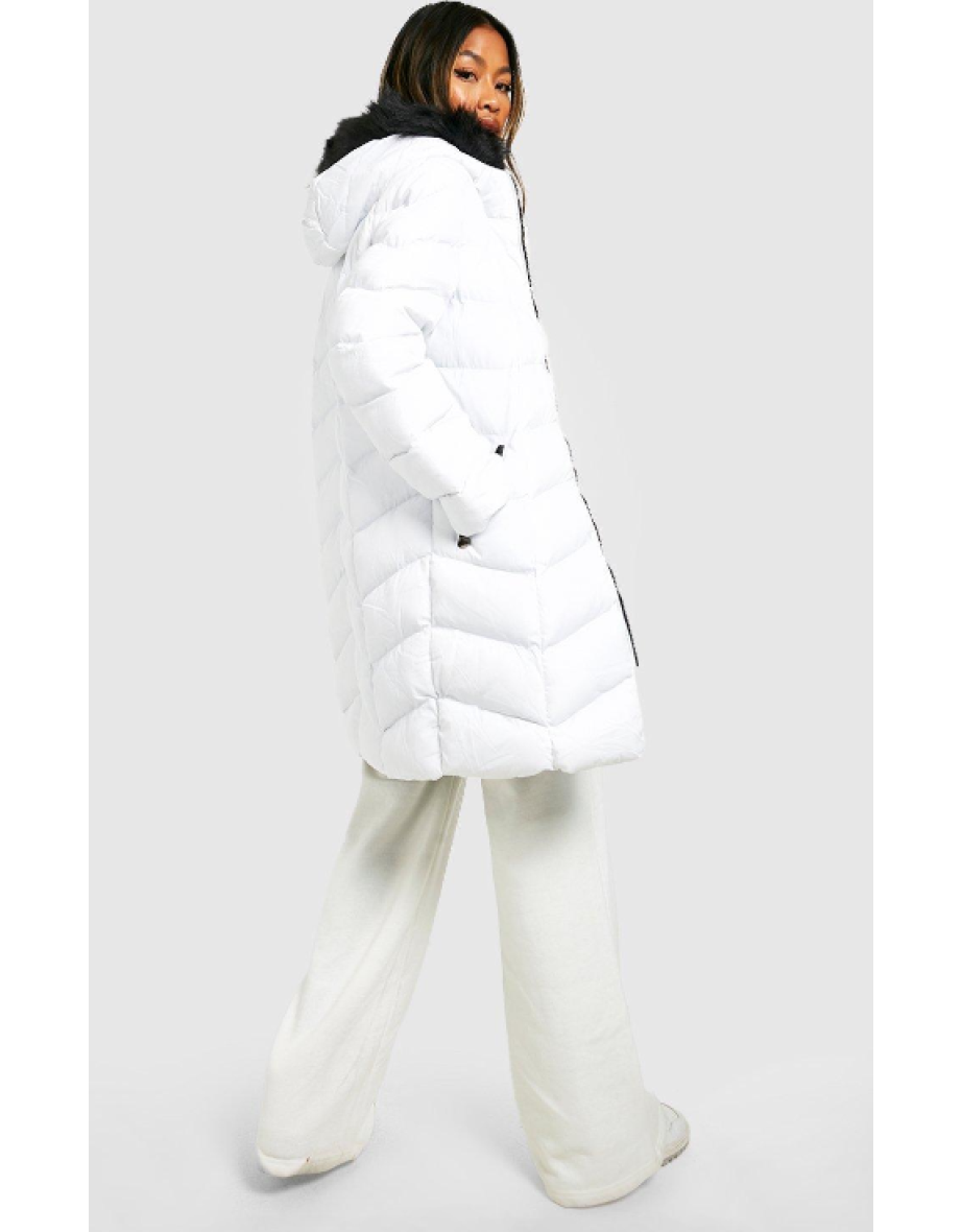 Faux Fur Hooded Panelled Parka - white - 2
