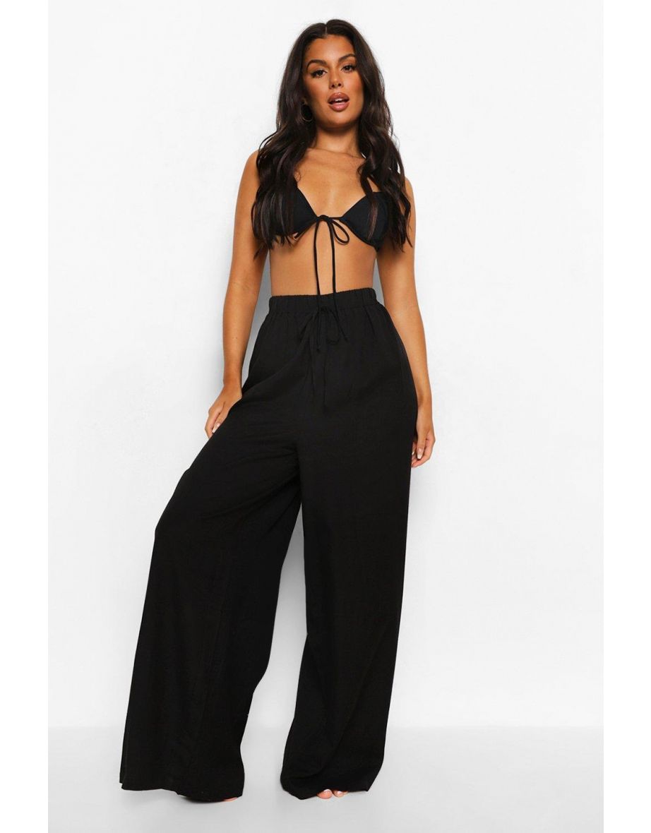 Drawstring Waist Wide Leg Beach Trousers - black