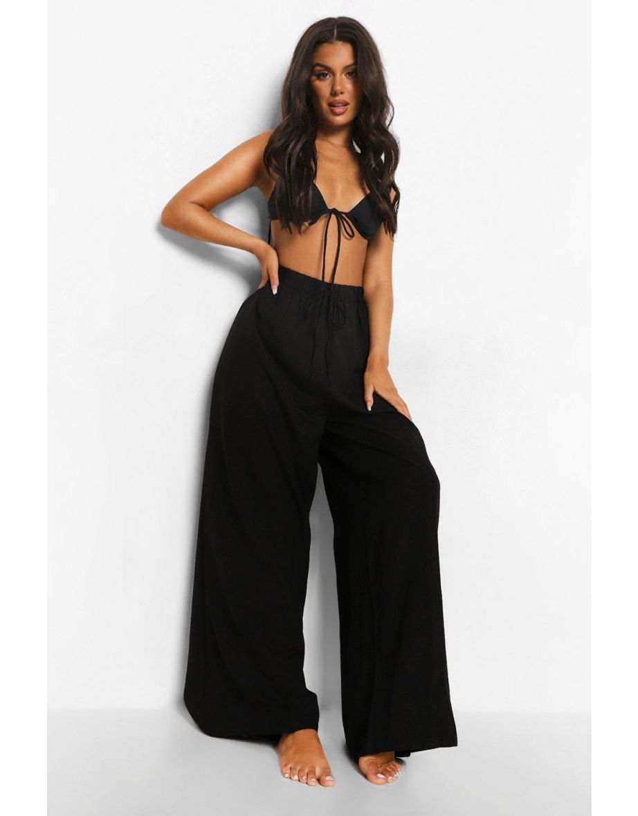 Drawstring Waist Wide Leg Beach Trousers - black - 3