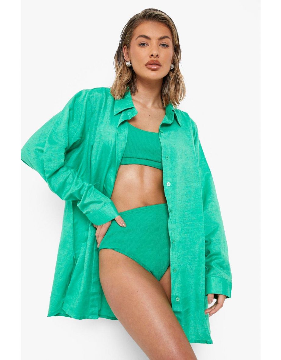 Essentials Oversized Linen Look Beach Shirt - green - 3