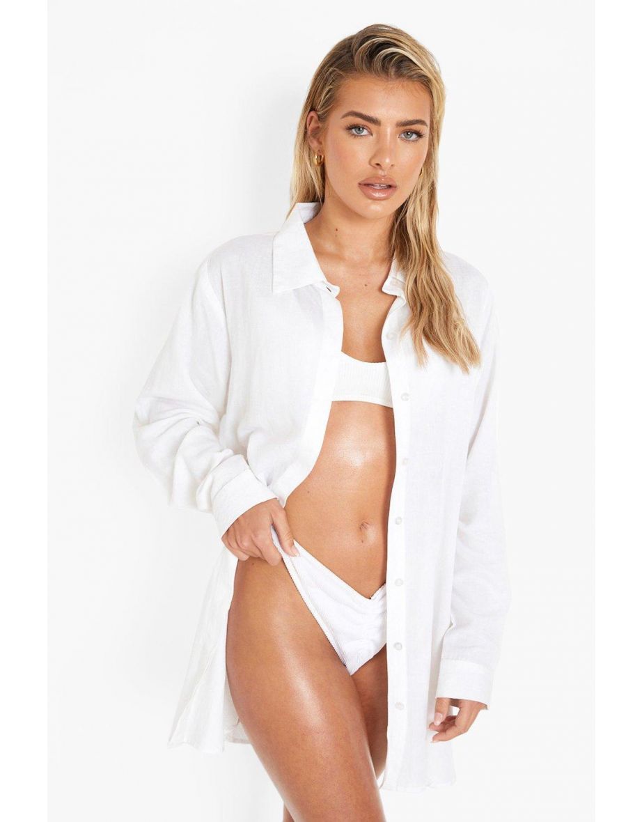 Essentials Oversized Linen Look Beach Shirt - white - 3