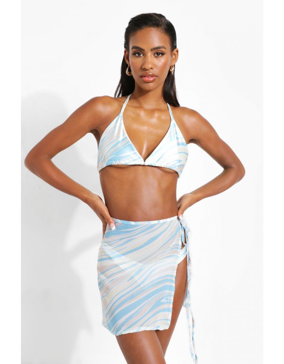 Neon Marble Tie Side Beach Skirt - blue