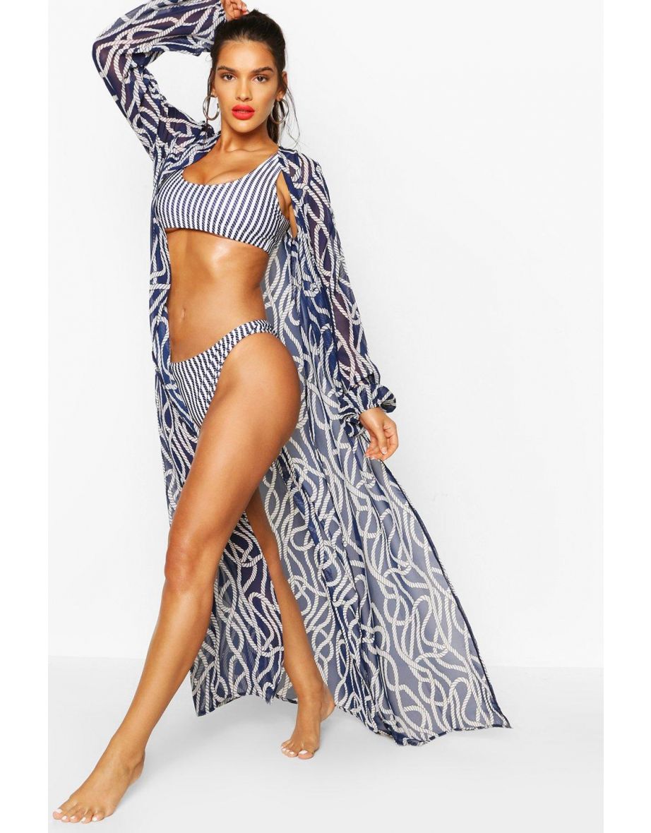 Nautical Rope Print Maxi Beach Kimono - navy