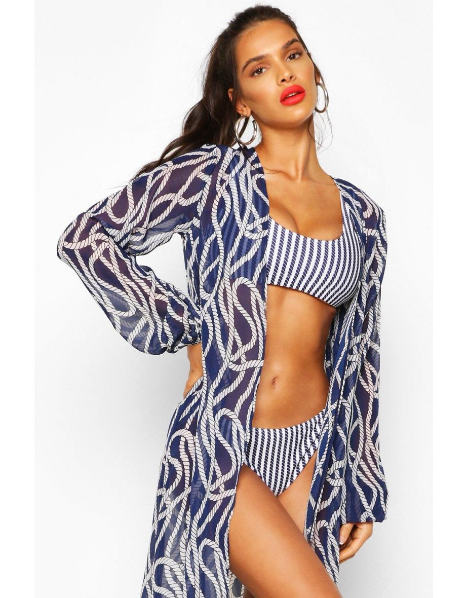 Nautical Rope Print Maxi Beach Kimono - navy - 3