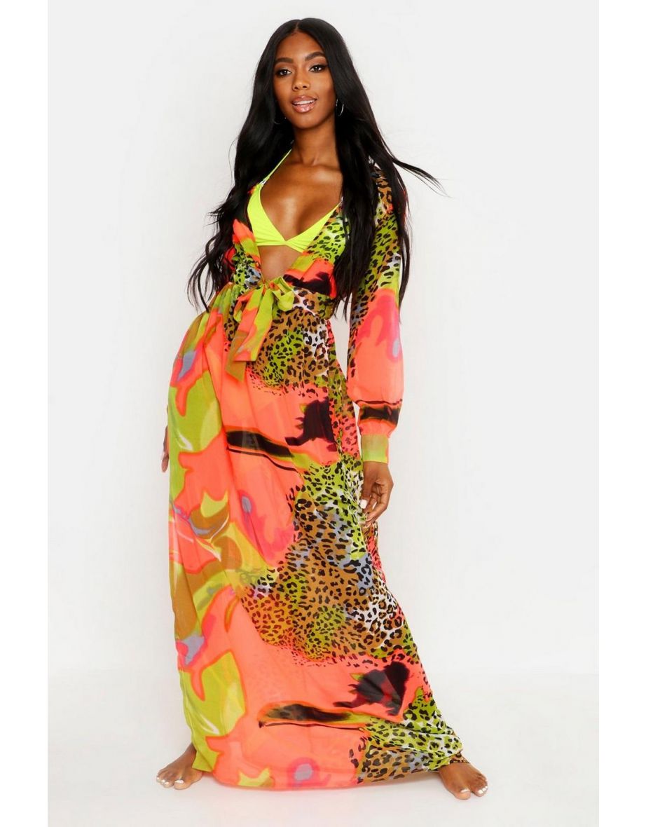 Neon Tie Dye Animal Maxi Beach Kaftan - green - 3
