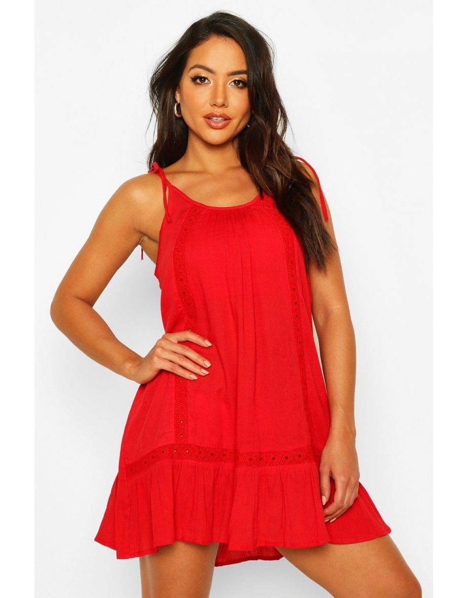 Embroidered Cheesecloth Beach Dress - red