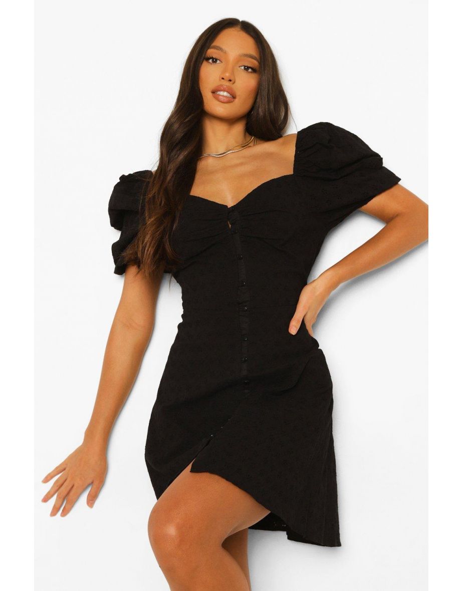 Tall Cotton Broderie Puff Sleeve Dress - black - 3