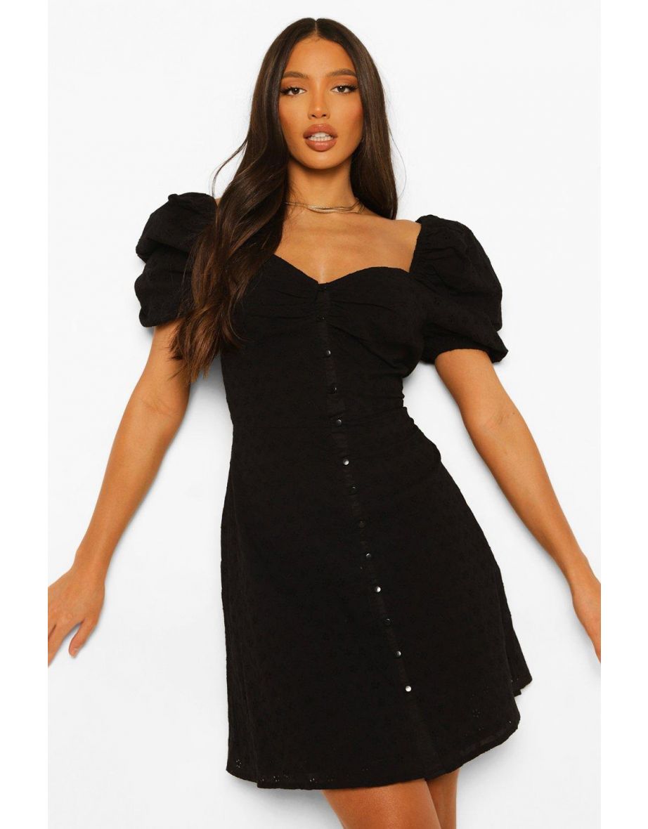 Tall Cotton Broderie Puff Sleeve Dress - black