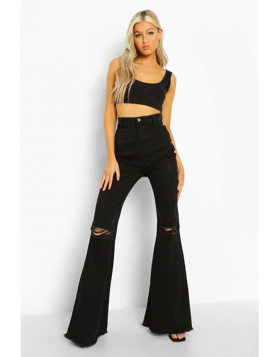 Tall High Waist Ripped Stretch Flare Jean - black
