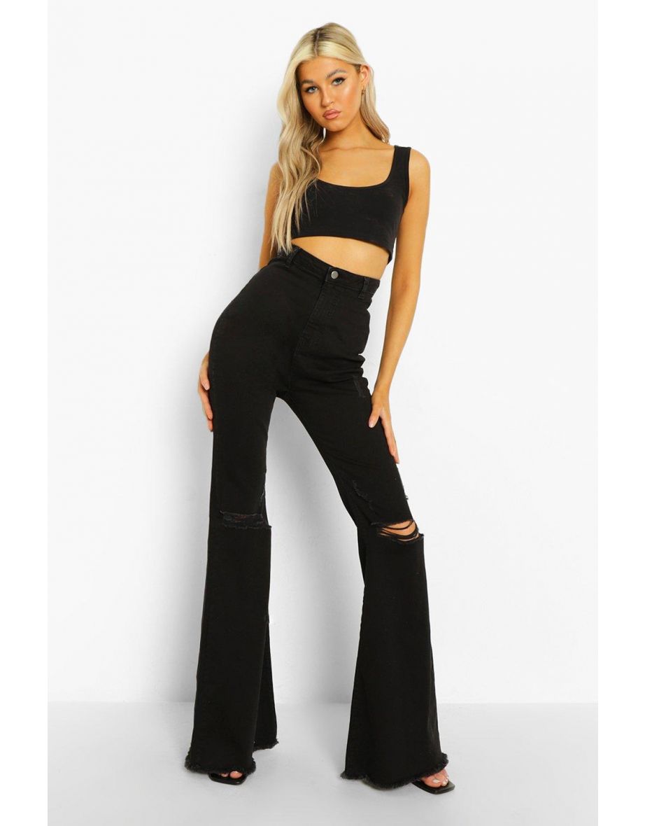 Tall High Waist Ripped Stretch Flare Jean - black - 3