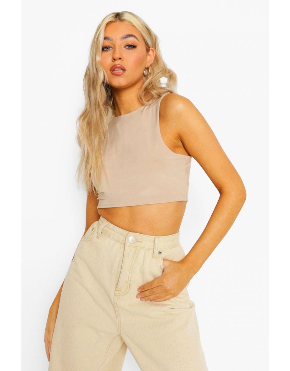Tall Slinky Racer Neck Super Crop Top - taupe - 3