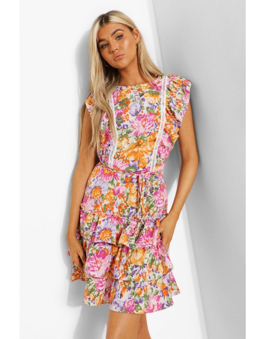 Tall Floral Ruffle Mini Skater Dress - ivory