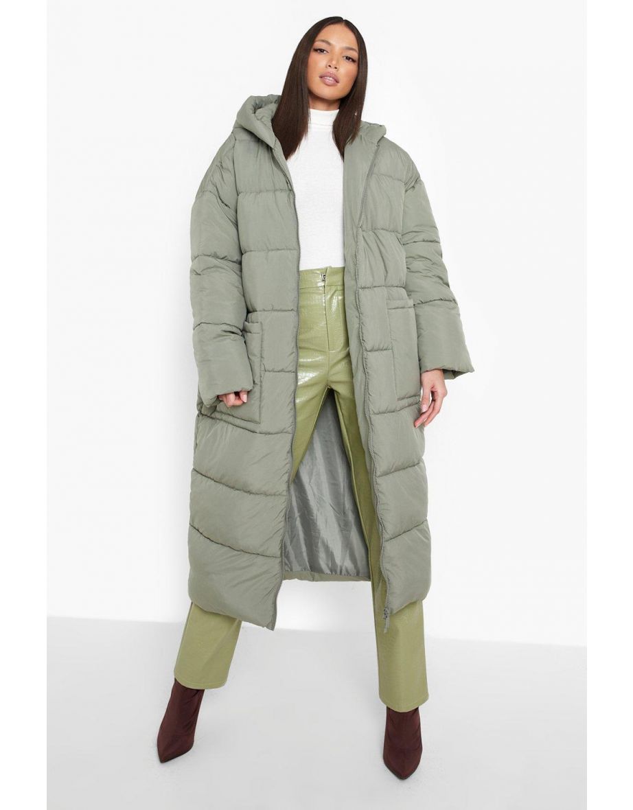 Tall Hooded Longline Puffer Coat - khaki