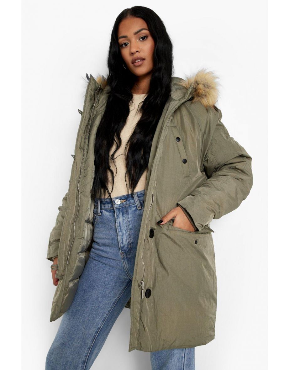 Tall Faux Fur Hooded Parka - khaki