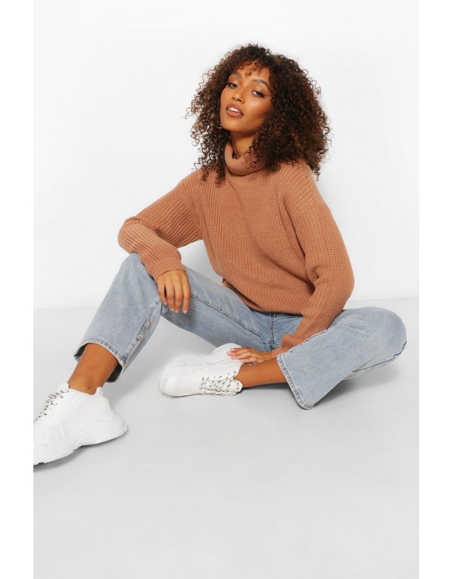 Tall Recycled Roll Neck Crop Jumper - camel - 3