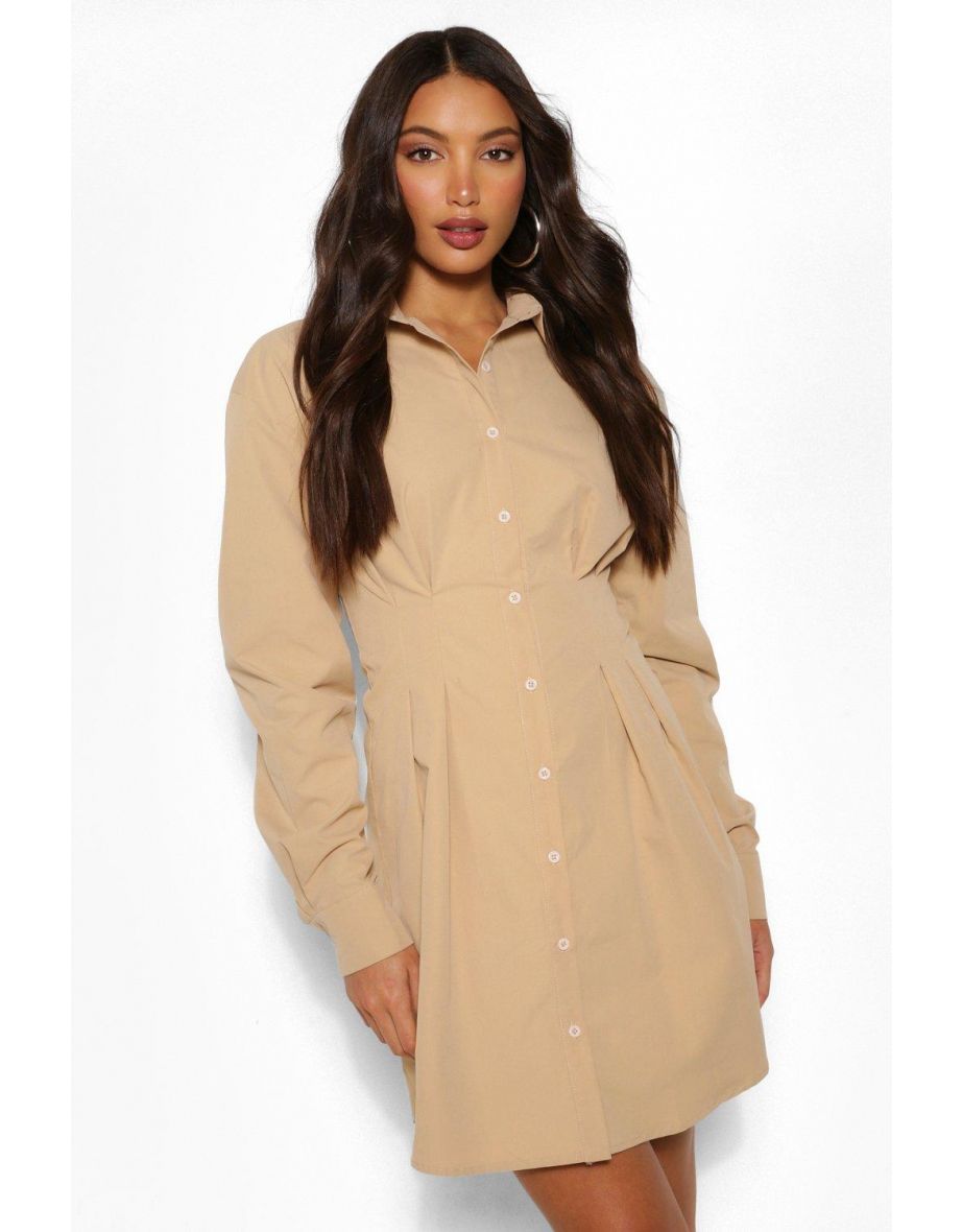 Tall Button Down Pleated Woven Shirt Dress - sand