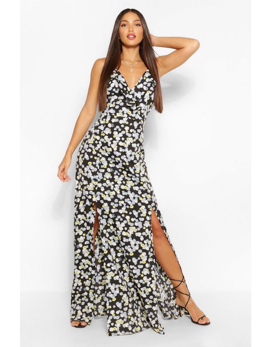 Tall Pansy Ruffle Split Maxi Dress - black - 3