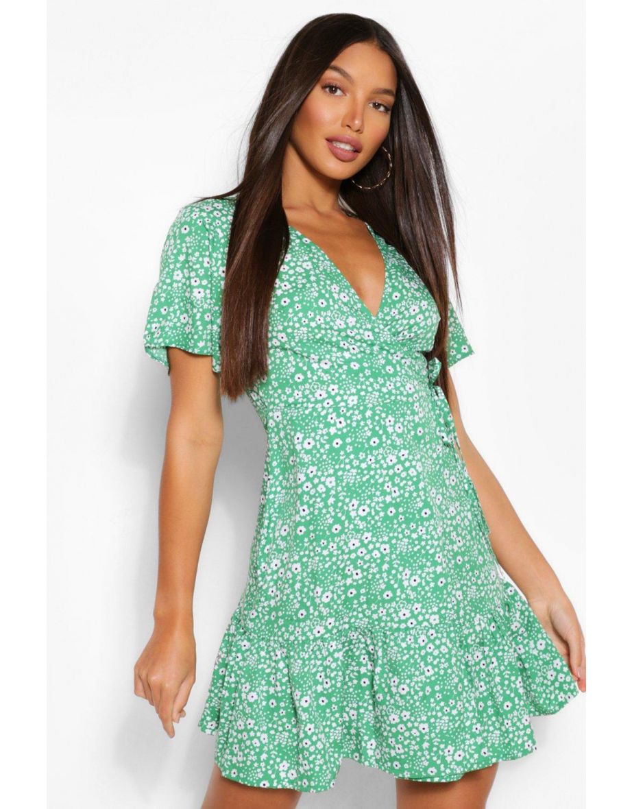 فستان بتصميم لف بطبعة أزهار - أخضر - طويلات القامة