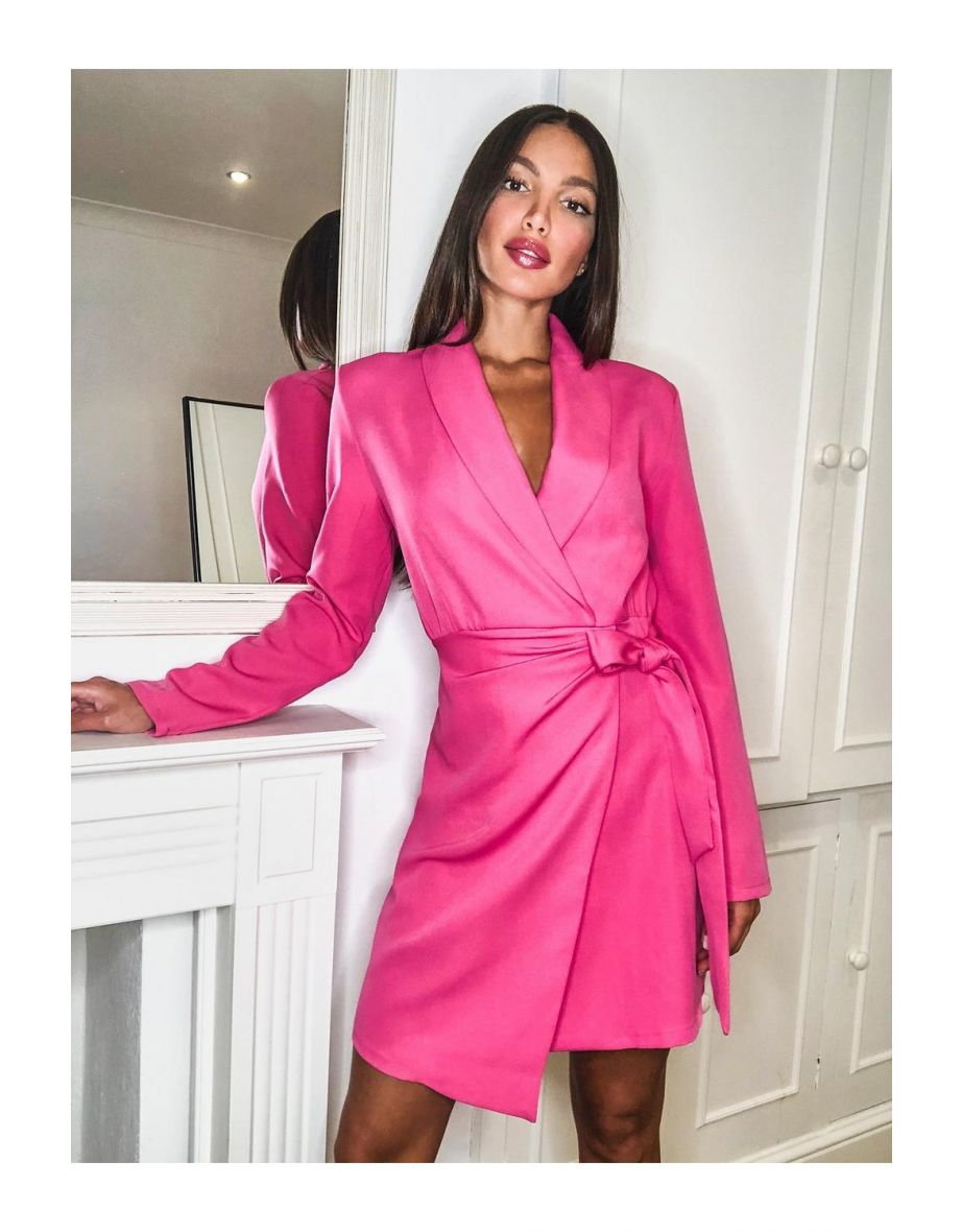 Tall Woven Ruched Side Tie Blazer Dress - bright pink