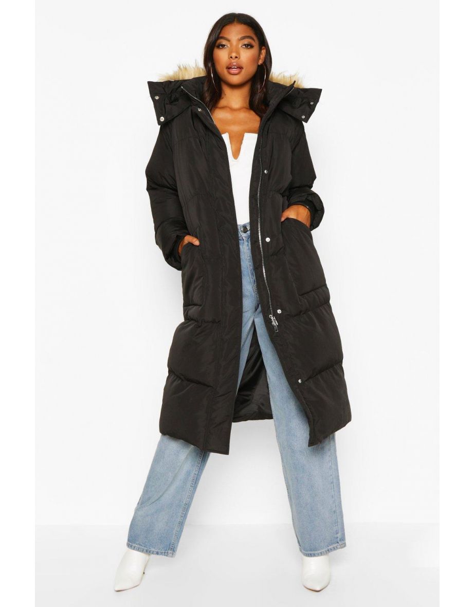 Shop Tall Faux Fur Hood Longline Padded Coat black Online in Oman VogaCloset