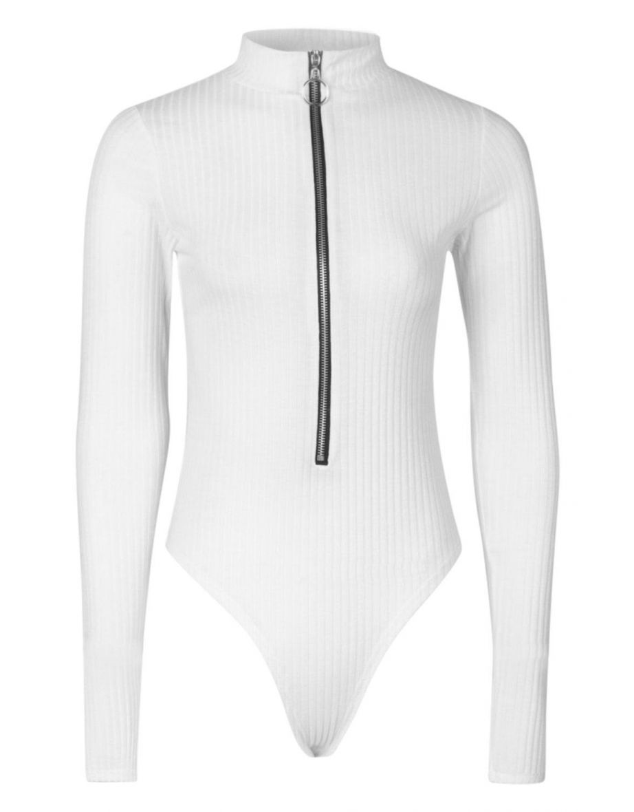 Tall Long Sleeve Zip Front Knitted Rib Bodysuit - white - 1