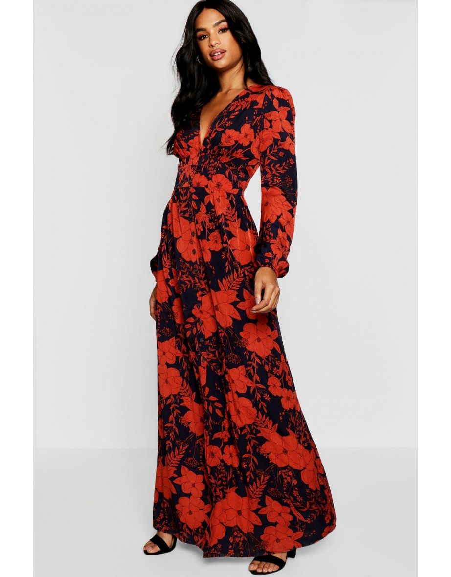 فستان ماكسي بياقة عميقة و أزرار وطبعة أزهار - كحلي - طويلات القامة
