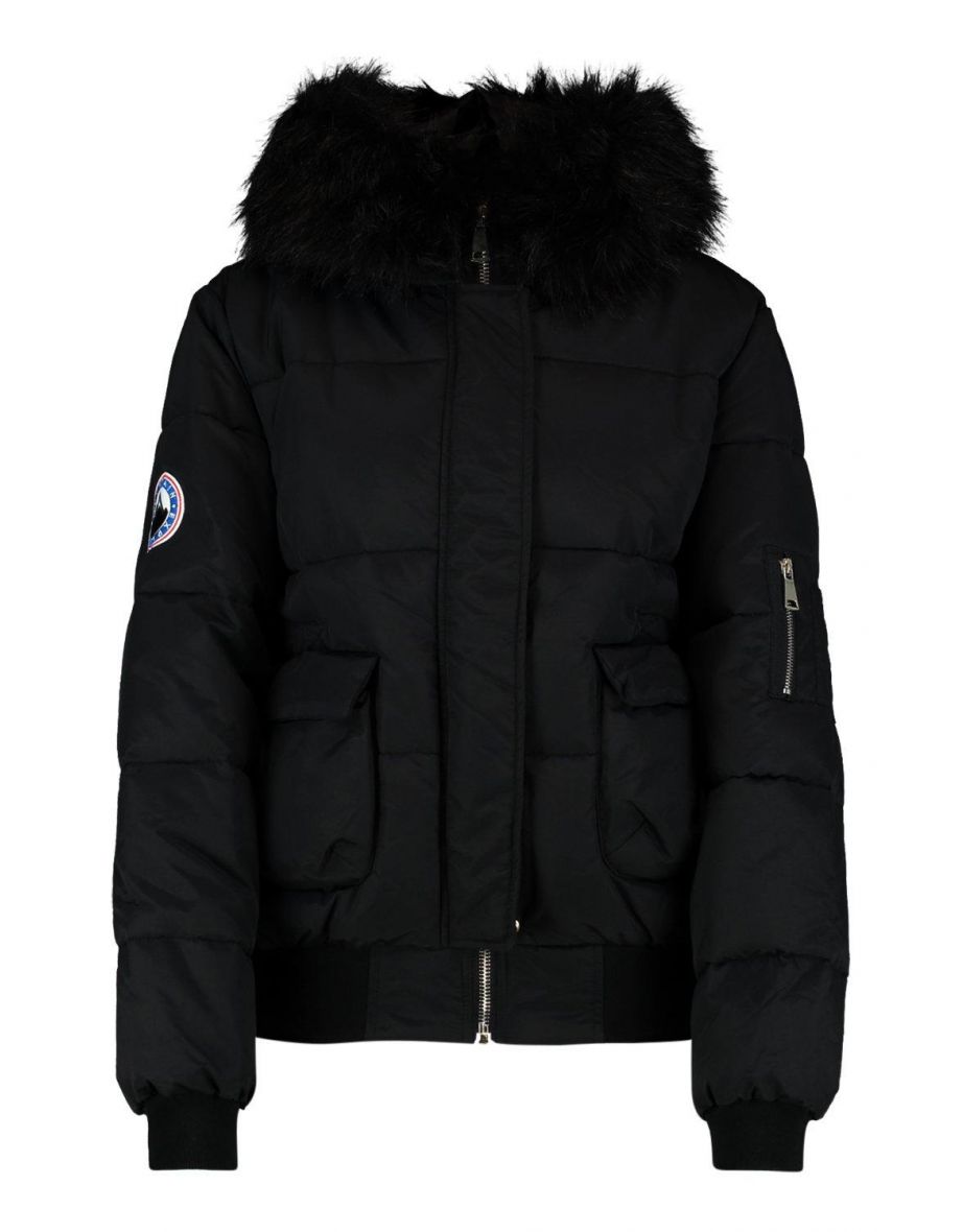 Tall Contrast Faux Fur Padded Crop Jacket - black - 1