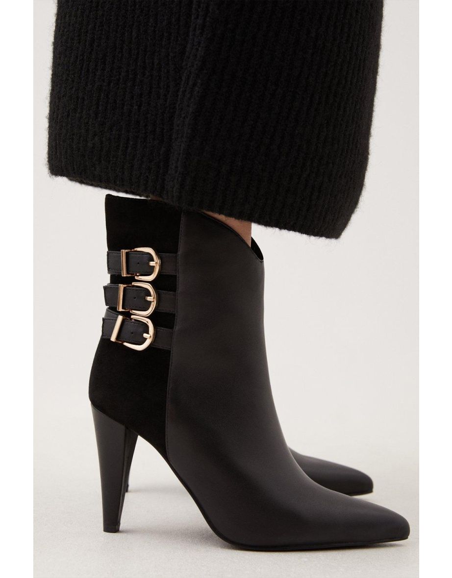 Leather And Suede Cone Heel Buckle Boot