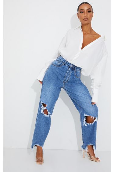 PRETTYLITTLETHING Mid Blue Wash Extreme Distressed Hem Boyfriend Jeans