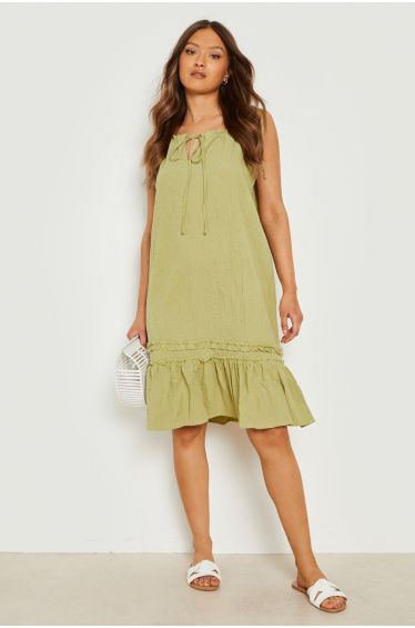 Tie Strap Shirred Bust Cotton Midi Dress