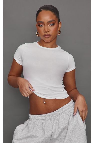 Cream Basic Rib Short Sleeved Crop Top