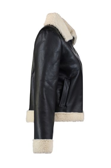 Black Faux Fur Trim PU Vintage Style Coat