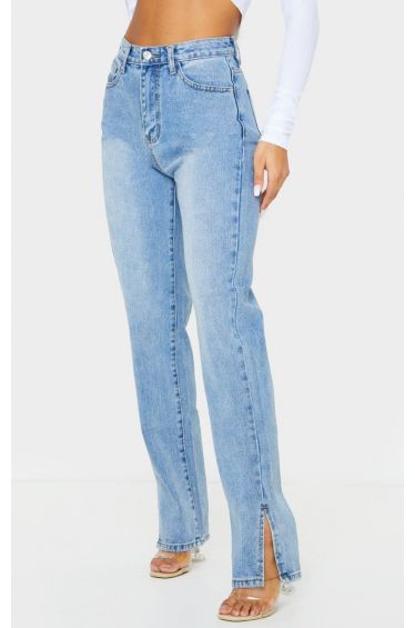 Mid Blue Wash Split Hem Straight Leg Jeans