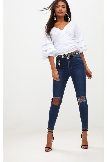 Open Knee Rip Dark Wash High Waisted Skinny Jean