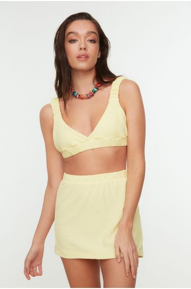 Pale Yellow Linen Look High Waist Mini Skirt