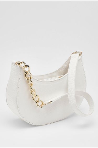 PrettyLittleThing White Croc Chunky Chain Shoulder Bag in White