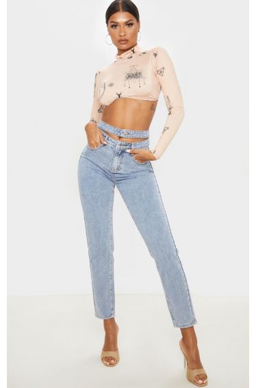 Vintage Wash Cut Out Waist Straight Leg Jeans