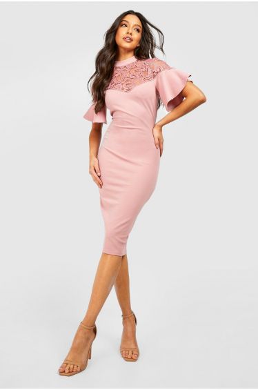 Crepe Pleat Front 3/4 Sleeve Belted Midaxi Dress