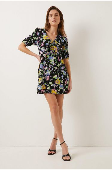 Mela Black Floral Print Wrap Over Skater Dress