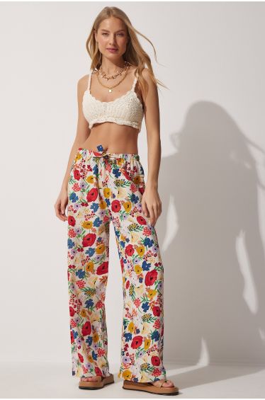 Yumi Navy Satin Crane Print Palazzo Trousers